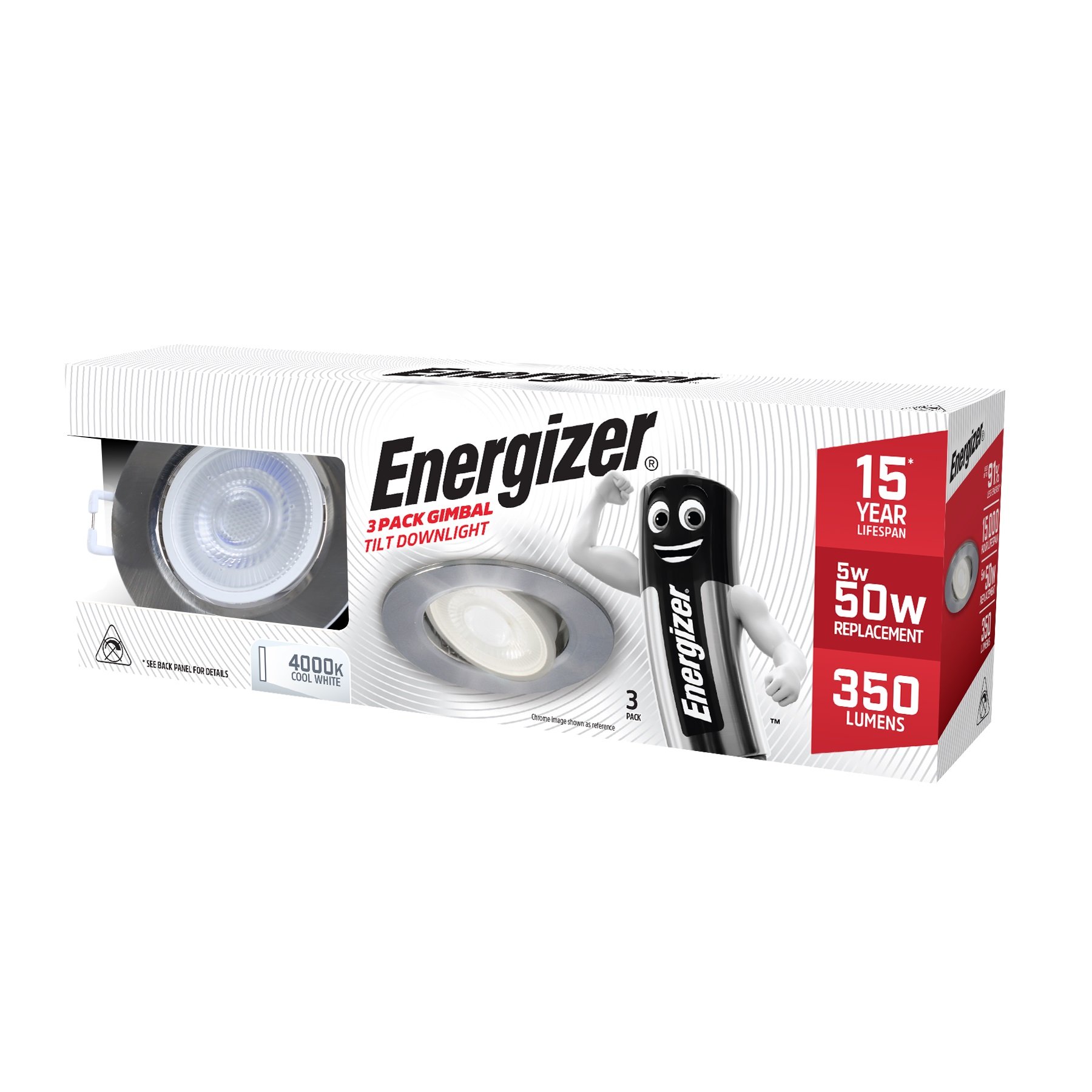 ENERGIZER 5W LED  3 PACK GIMBAL TILT DOWNLIGHT BRUSHED CHROME (COOL WHITE)